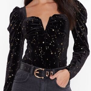 Nasty Gal Black Star Struck Velvet Puff Sleeve Top